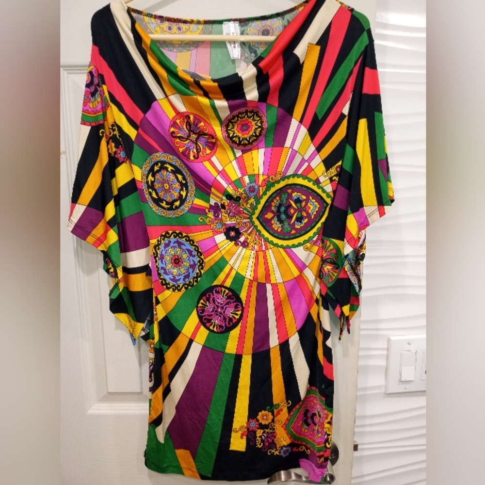 Misope  small polyester stretch knit flutter sleeves vibrant print woman's top